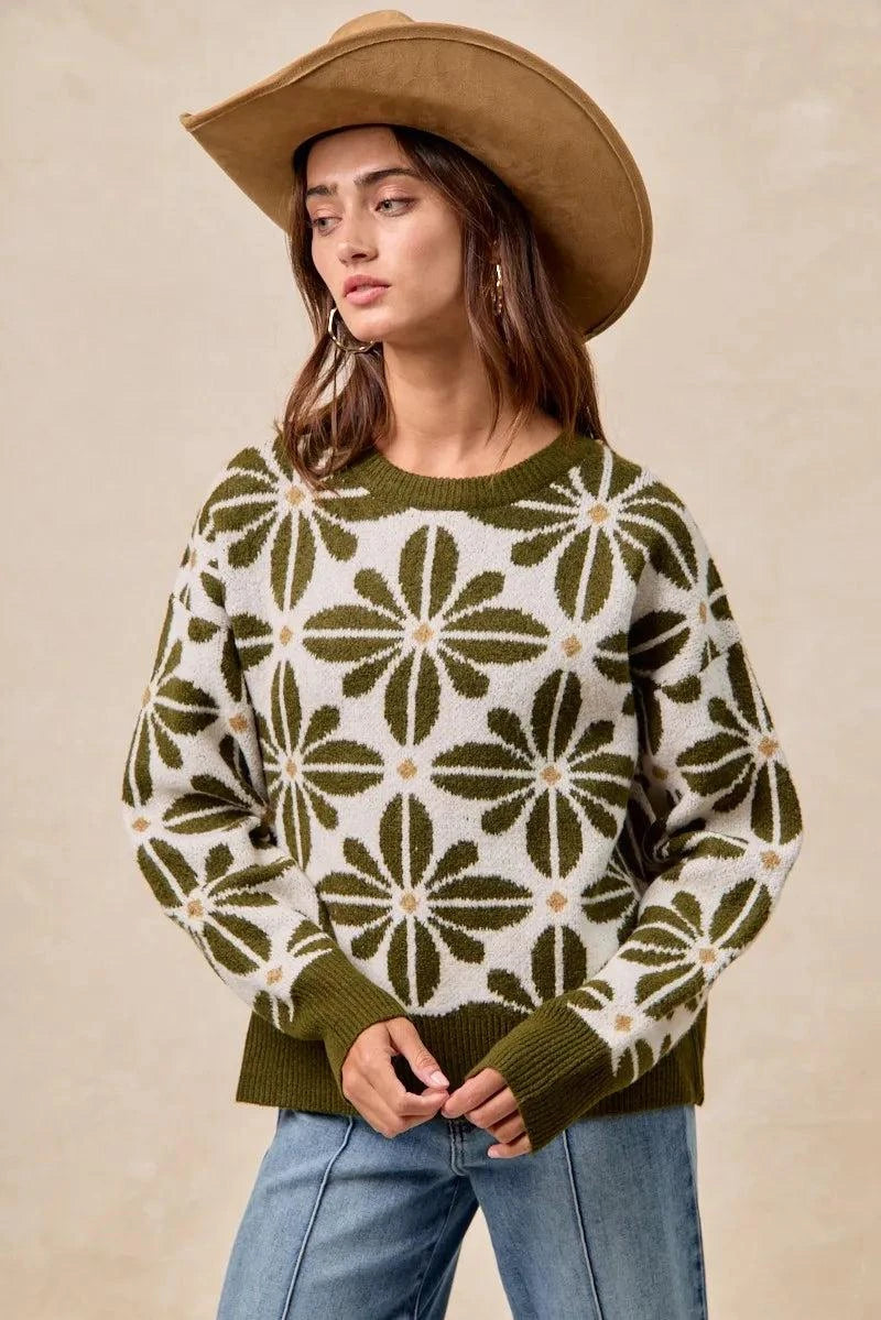 BiBi Flower Pattern Long Sleeve Sweater
