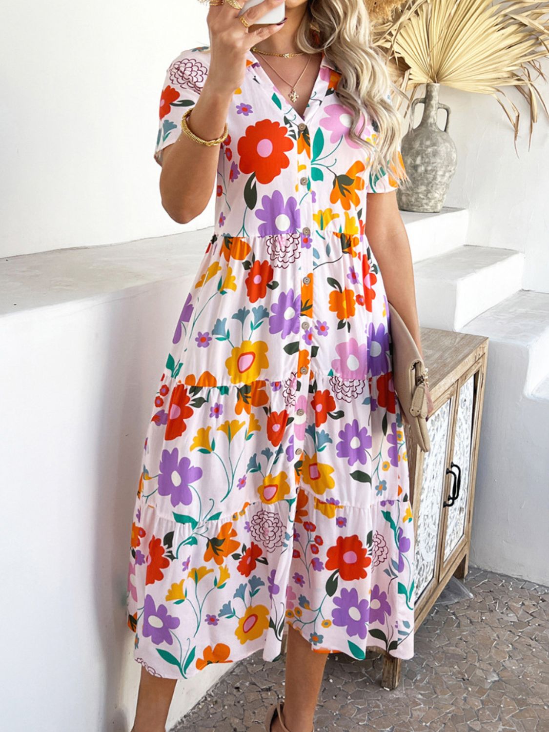 Devine Printed Johnny Collar Button Down Short Sleeve Midi Shirt Dress