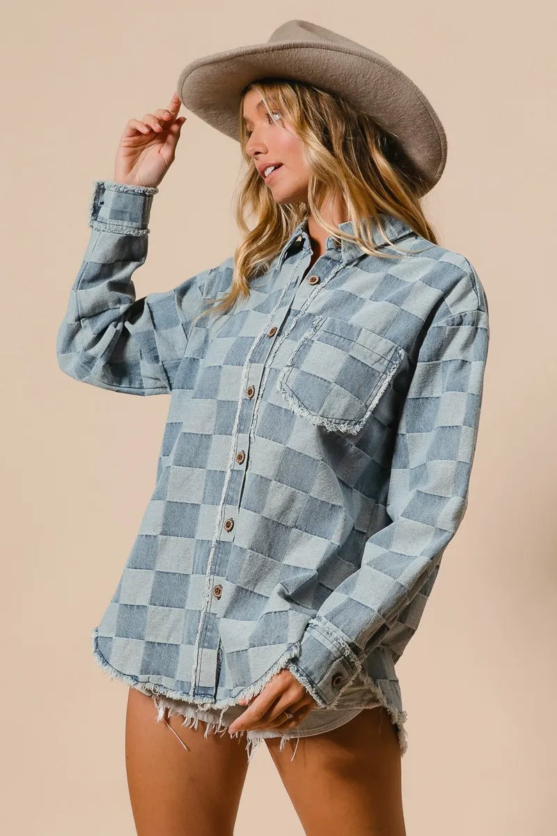 BiBi Frayed Edged Detail Washed Checker Denim Shirt