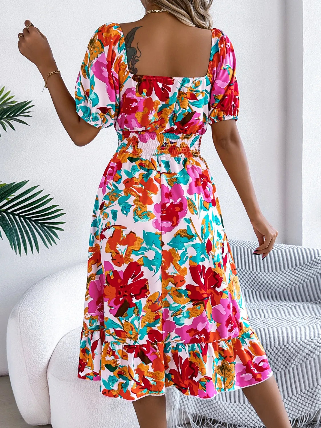 Ruffled Hem Smocked Floral Short Sleeve Midi Dress
