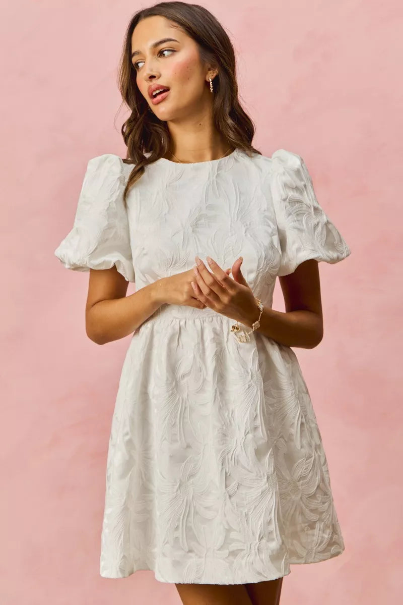 SO ME Floral Jacquard Bubble Shorts Sleeves Mini Dress