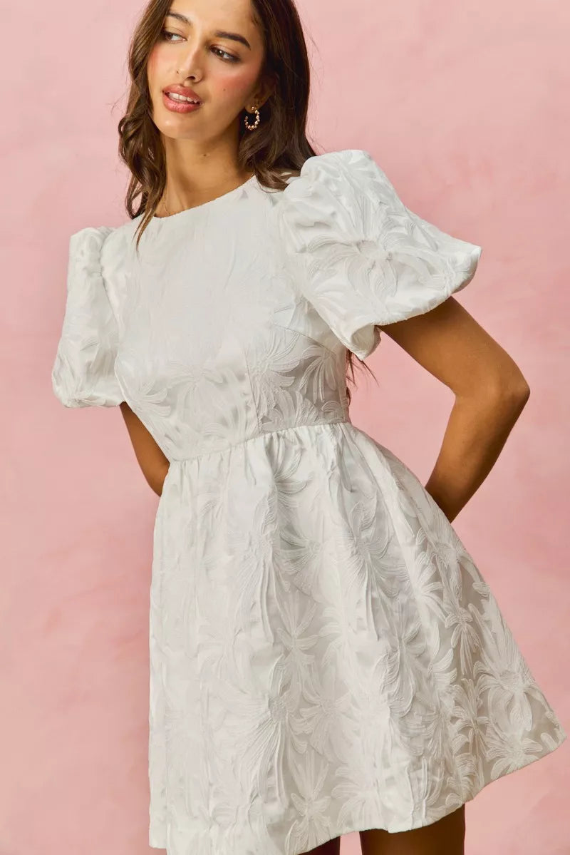 SO ME Floral Jacquard Bubble Shorts Sleeves Mini Dress