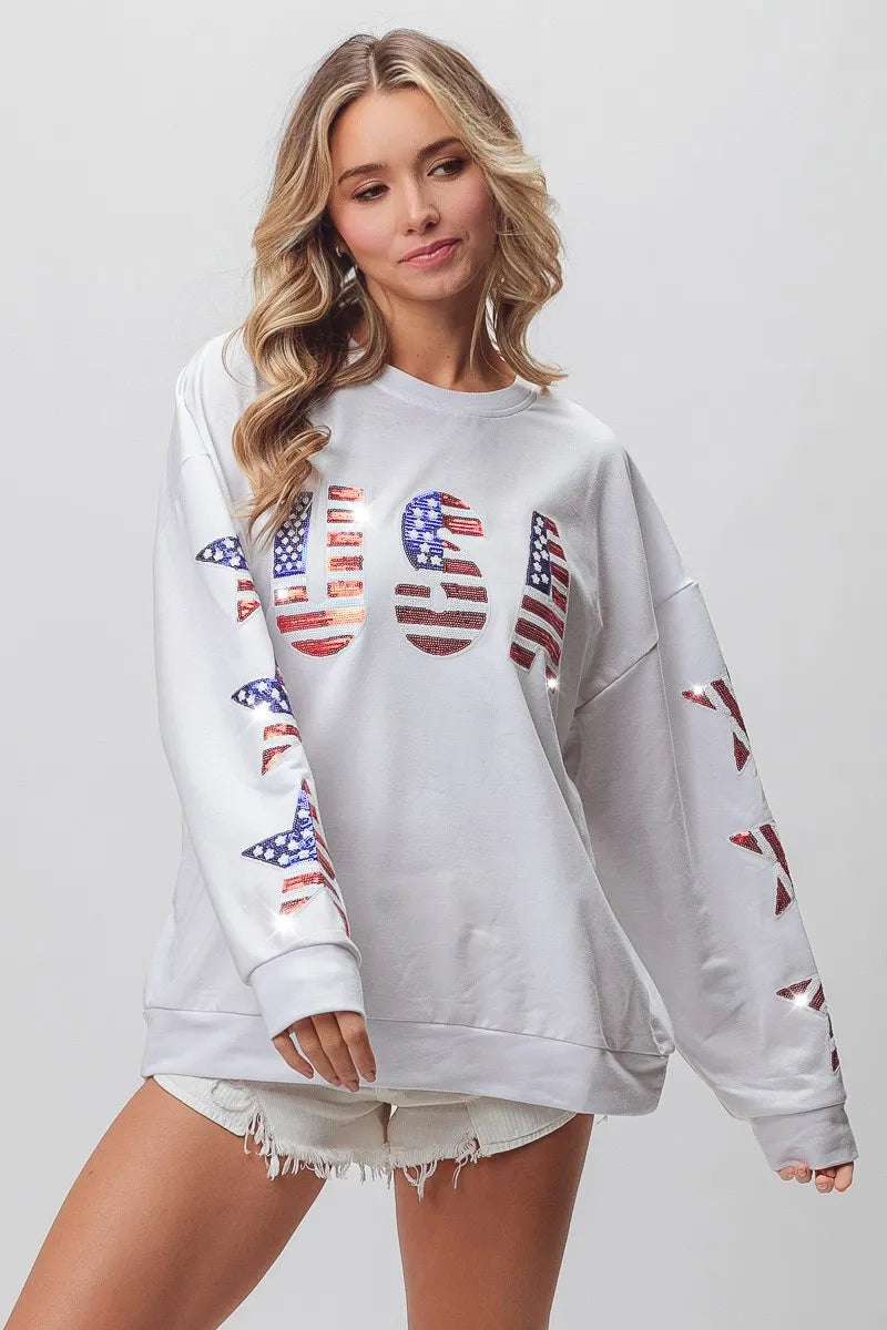 BiBi American Flag USA and Star Sequin Sweatshirt