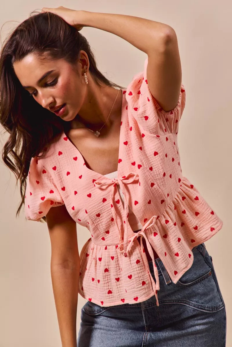 SO ME All Over Heart Ribbon Tie Baby Doll Valentine Blouse