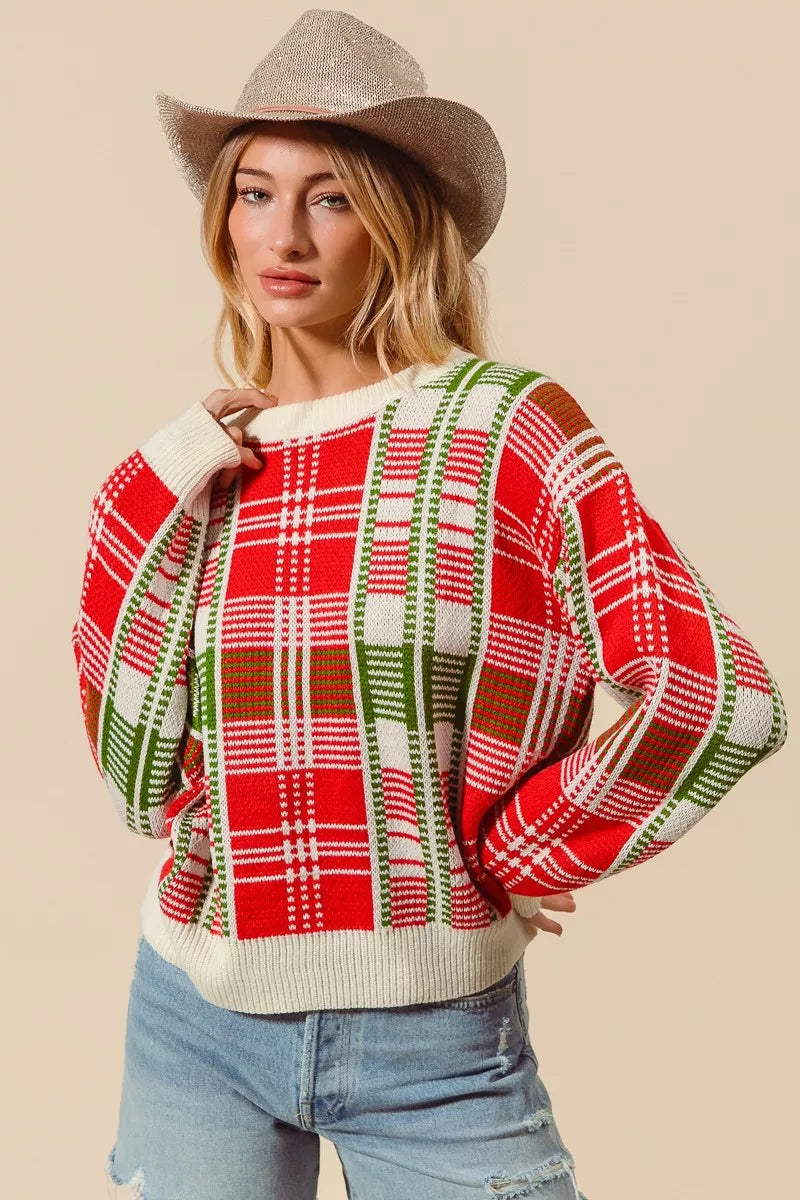 SO ME Christmas Color Checkered Plaid Crew Neck Sweater
