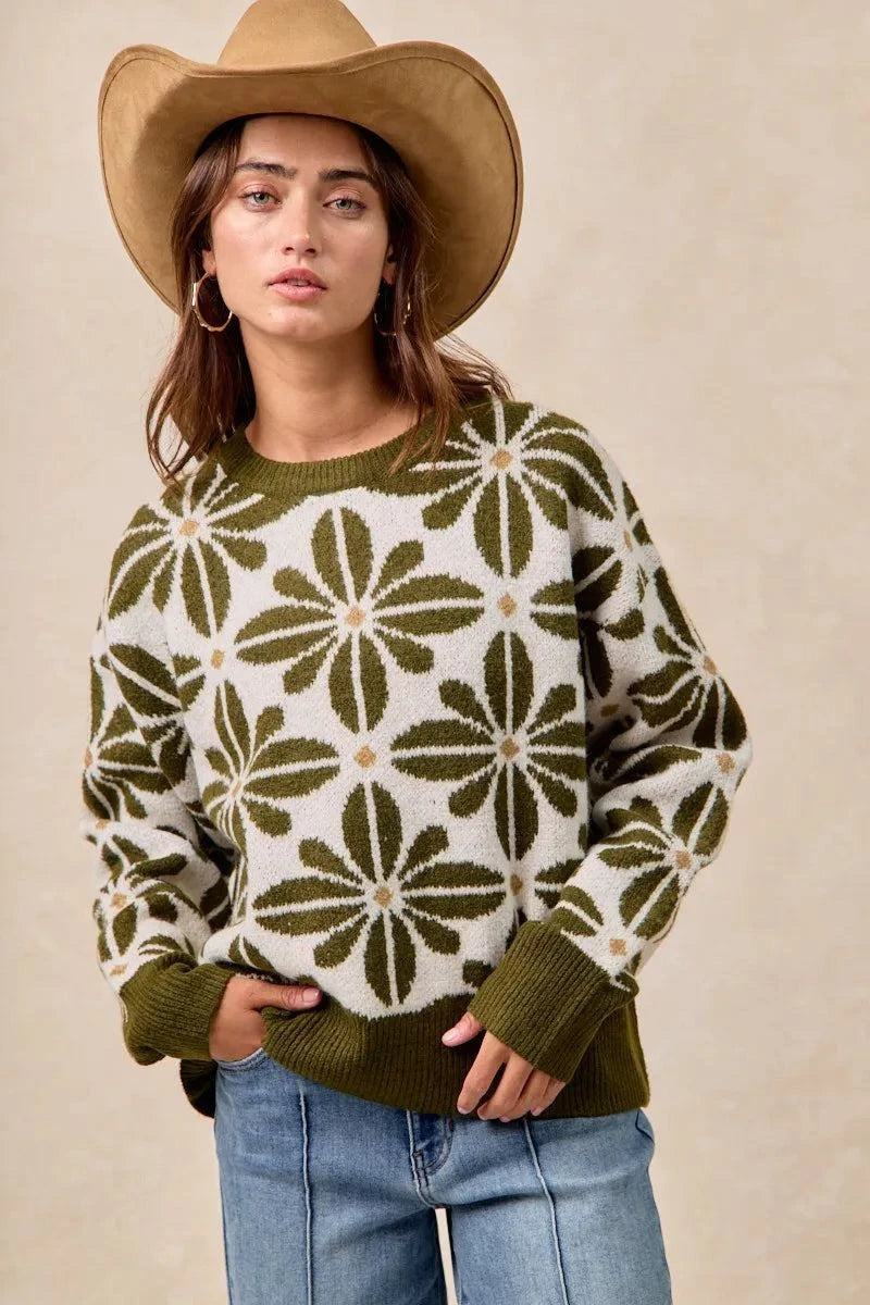BiBi Flower Pattern Long Sleeve Sweater