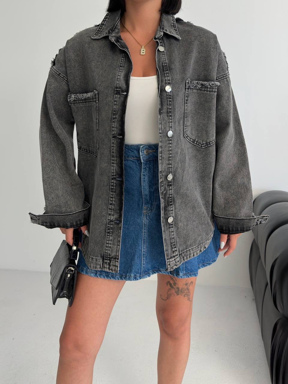Oversized Distressed Denim Shirt for Women – Light Blue or Dark Grey | Casual Denim Overshirt