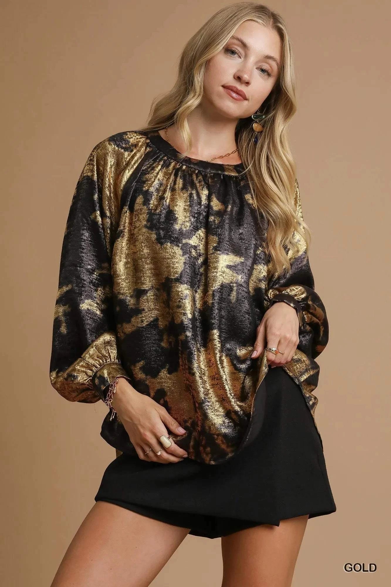 Umgee Metallic Fabric Blouse with Balloon Sleeves