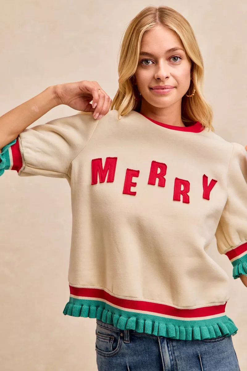 BiBi Christmas Merry Letter Patches Contrast Banded Top