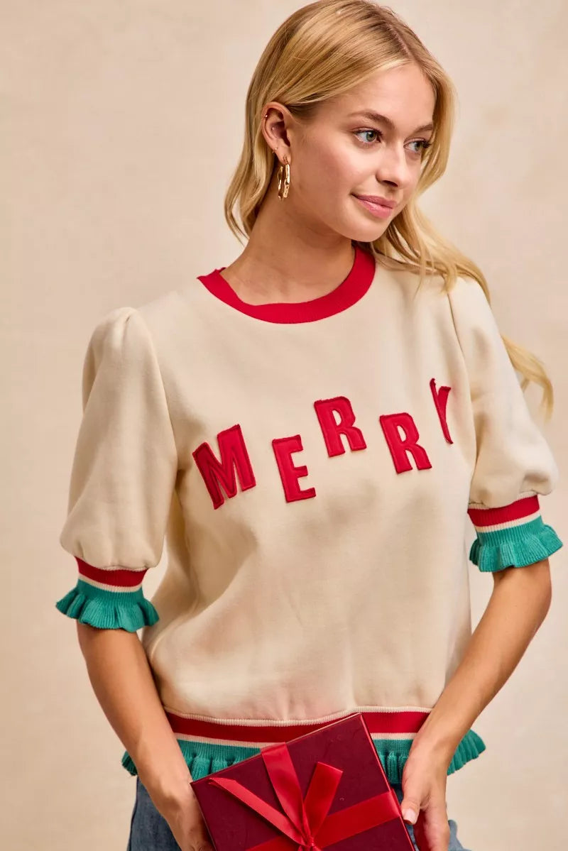 BiBi Christmas Merry Letter Patches Contrast Banded Top