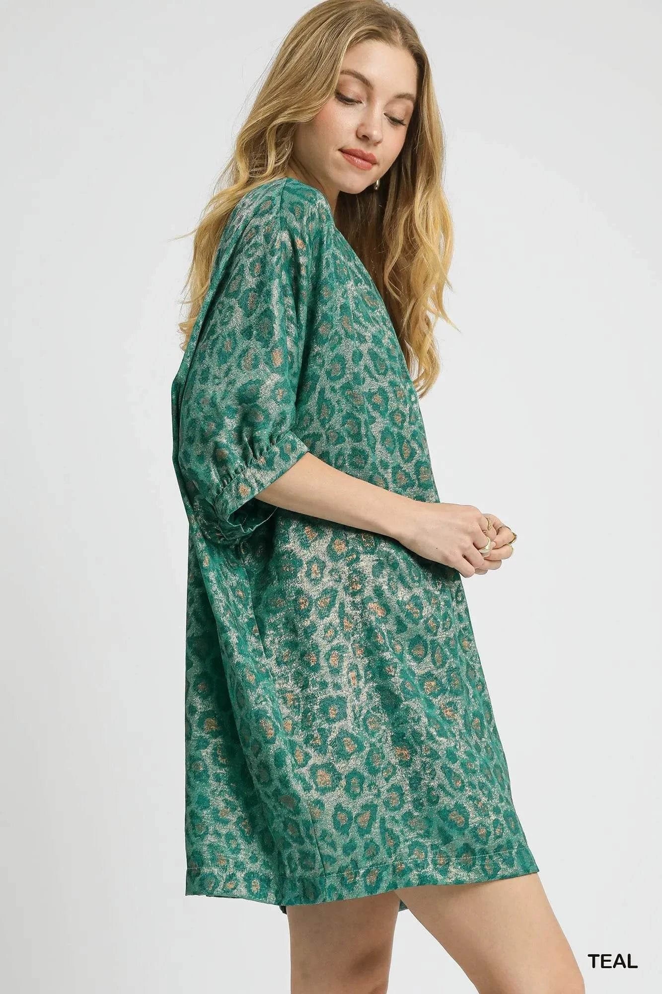 Umgee Metallic Leopard Print V-Neck Kimono Dress