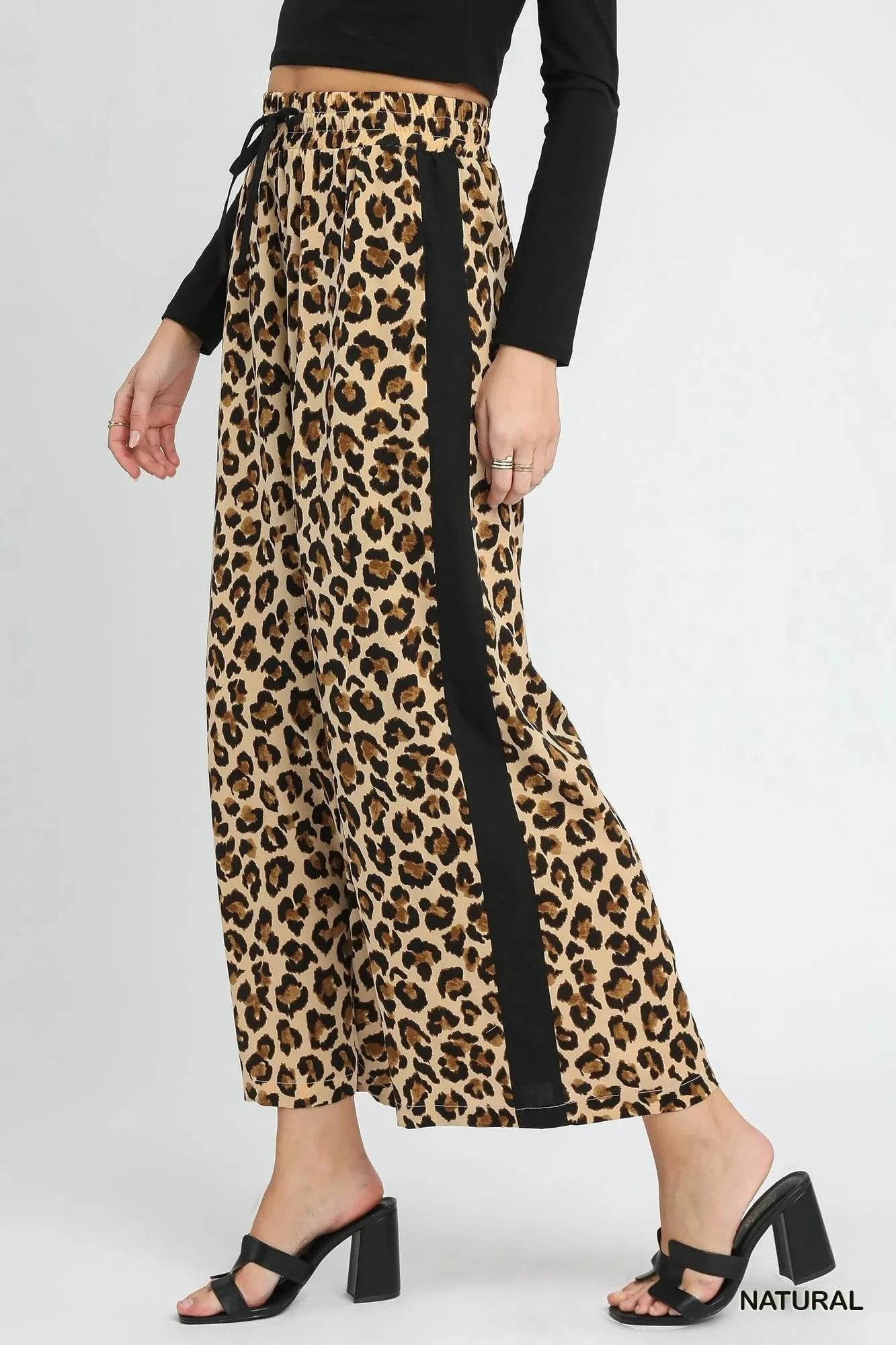 Umgee Leopard Print Wide-Leg Drawstring Pants