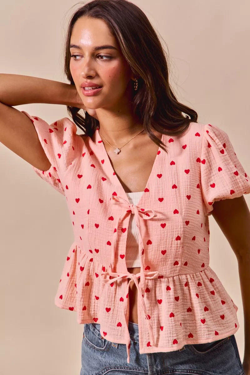 SO ME All Over Heart Ribbon Tie Baby Doll Valentine Blouse