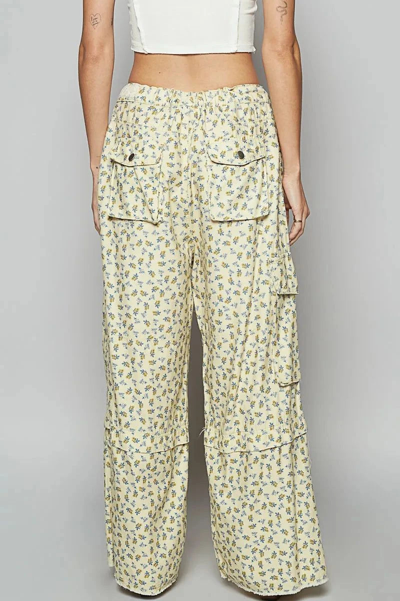 POL Floral Cargo Wide Leg Pants with Lace Drawstring