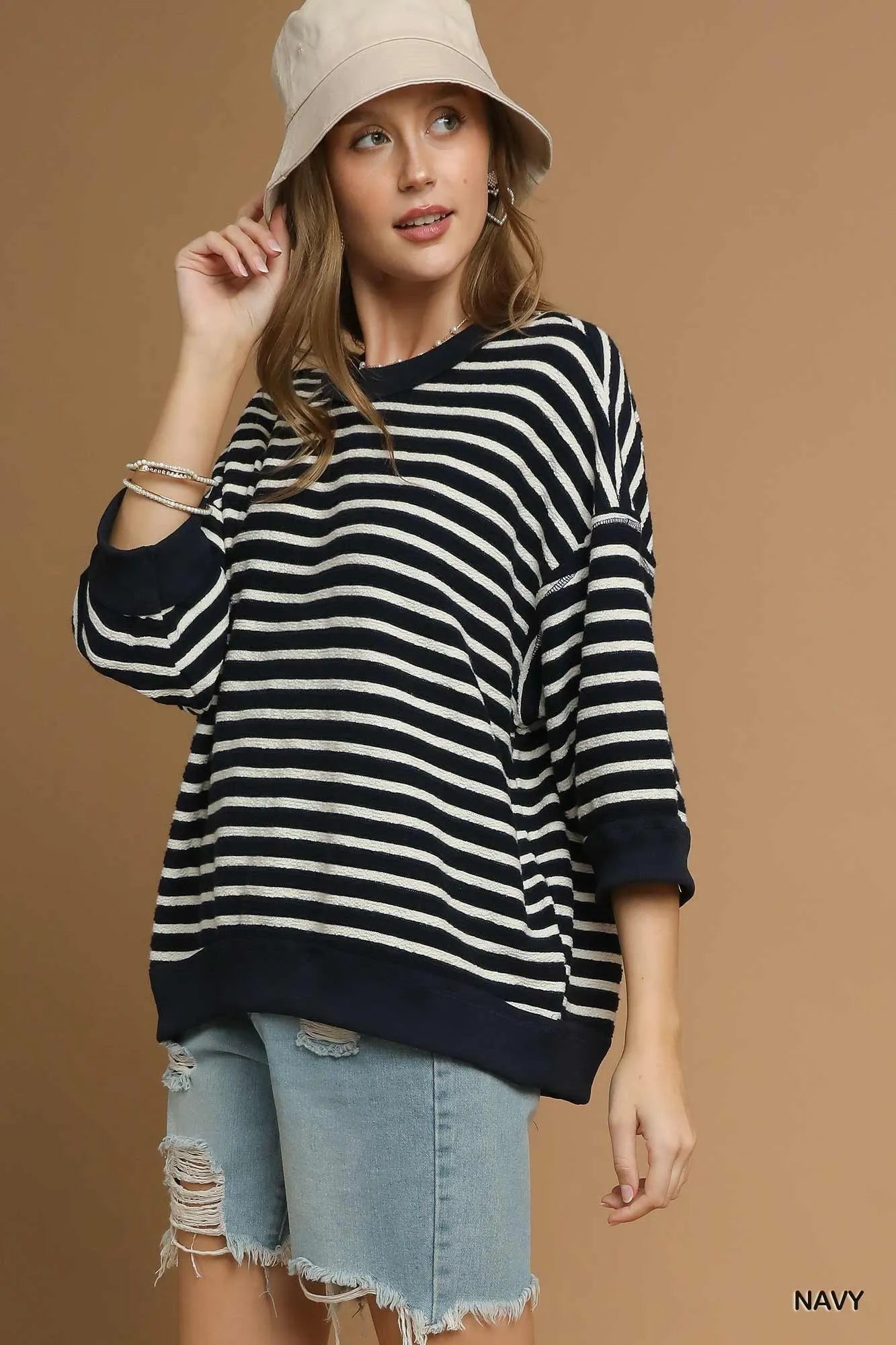 Umgee Ribbed Hem Striped Oversized Knit Top