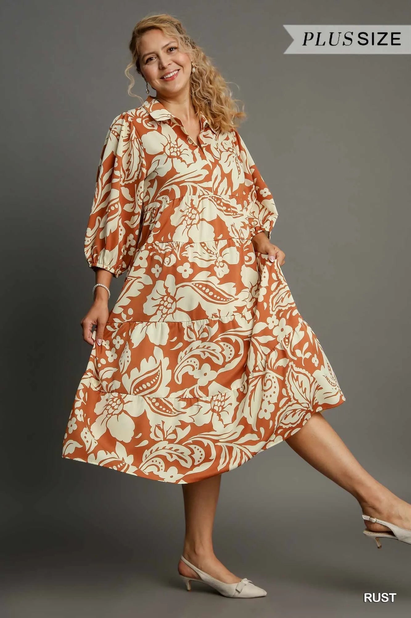 Umgee Full Size Floral Tiered Midi Shirt Dress Plus Size
