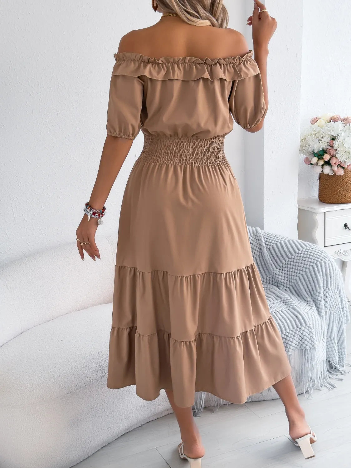 Smocked Off-Shoulder Tiered Dress