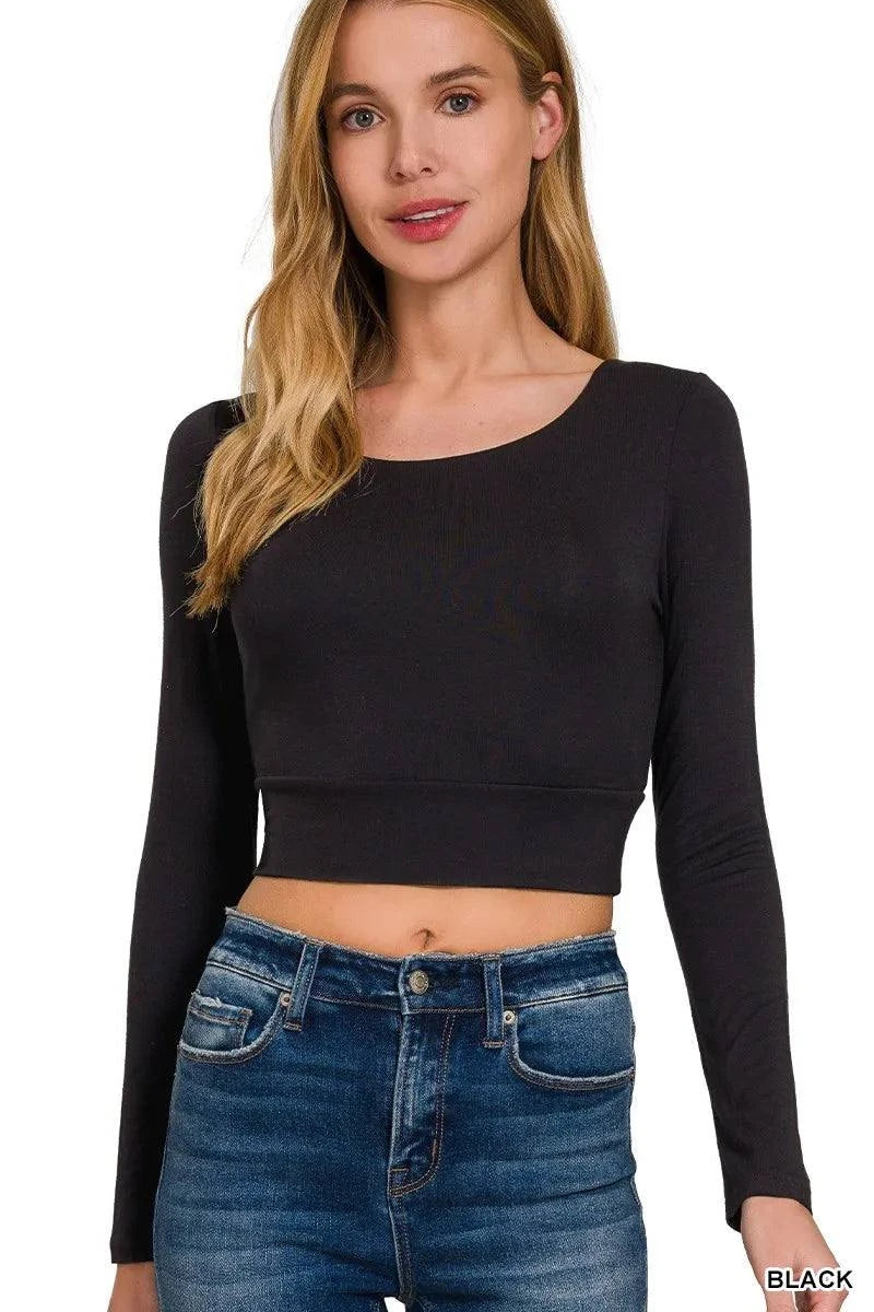 Zenana Double Layered Long Sleeve Cropped Round Neck T-Shirt