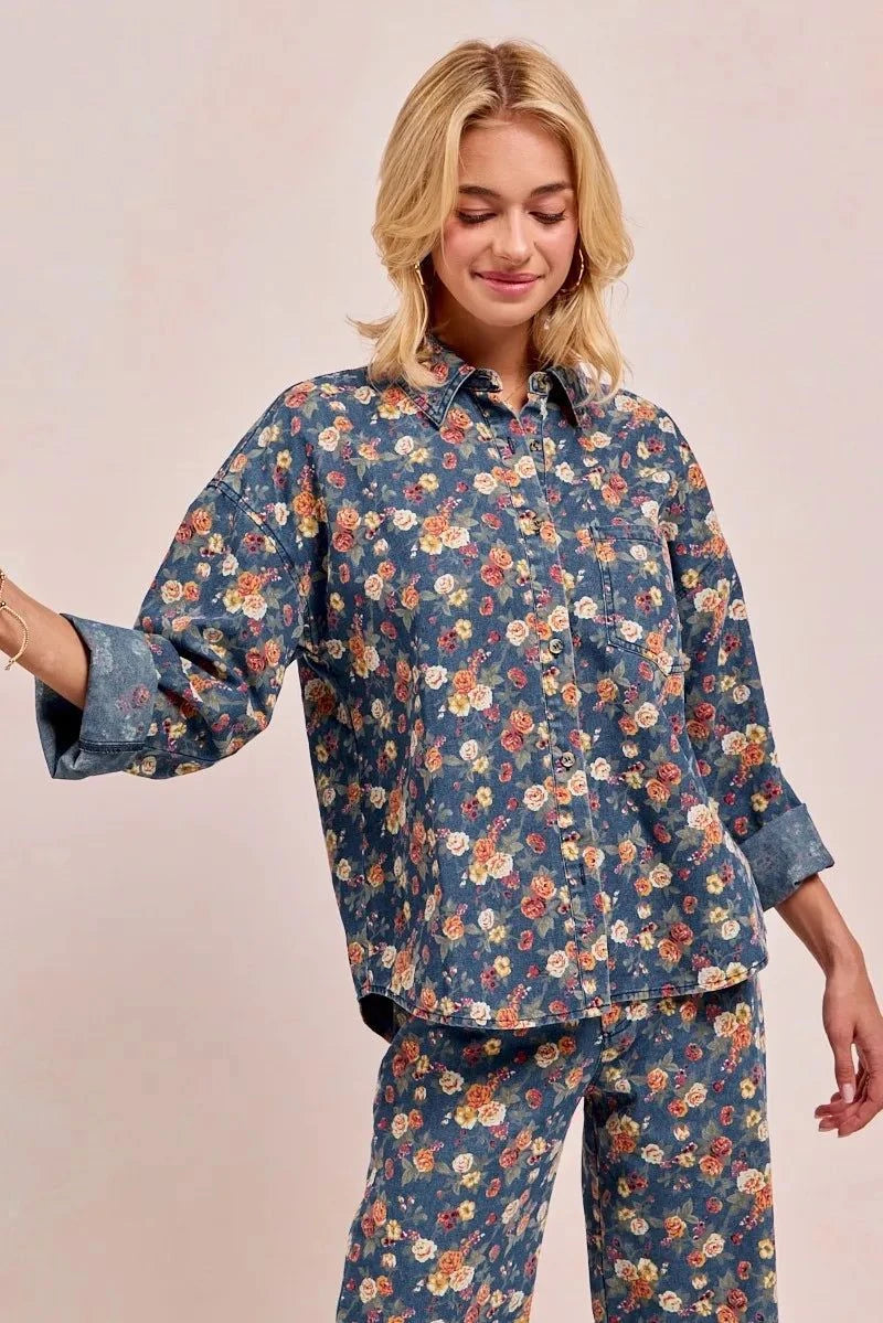 BiBi Washed Floral Print Denim Jacket