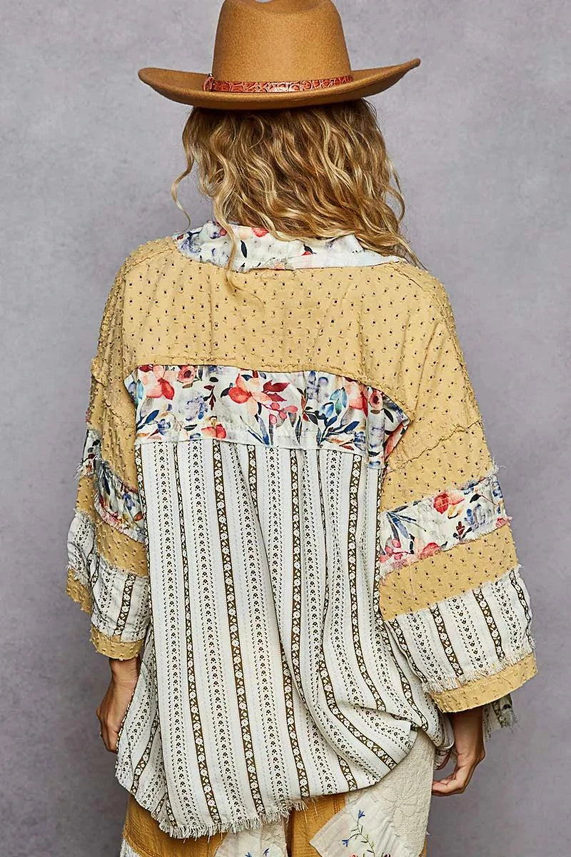 POL Raw Edge Open Front Patchwork Cardigan with Floral Trim