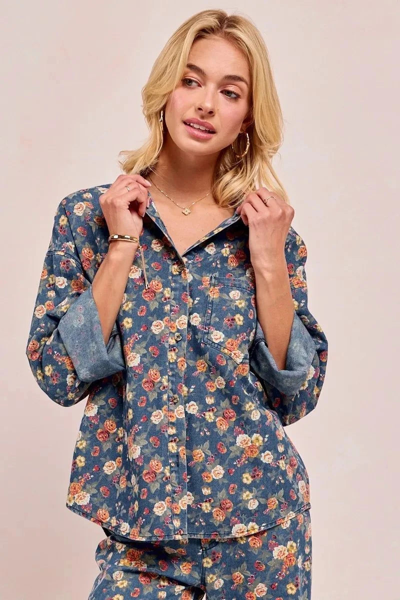 BiBi Washed Floral Print Denim Jacket