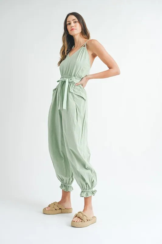 MABLE Washed Fabric Spaghetti Strap Waist Belted Jumpsuit