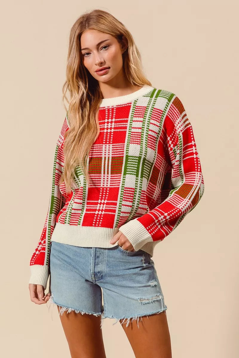 SO ME Christmas Color Checkered Plaid Crew Neck Sweater