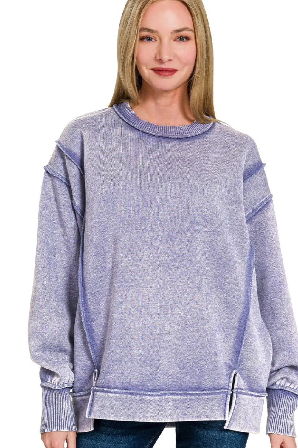 Zenana Acid Wash Exposed-seam Fleece Sweatshirt