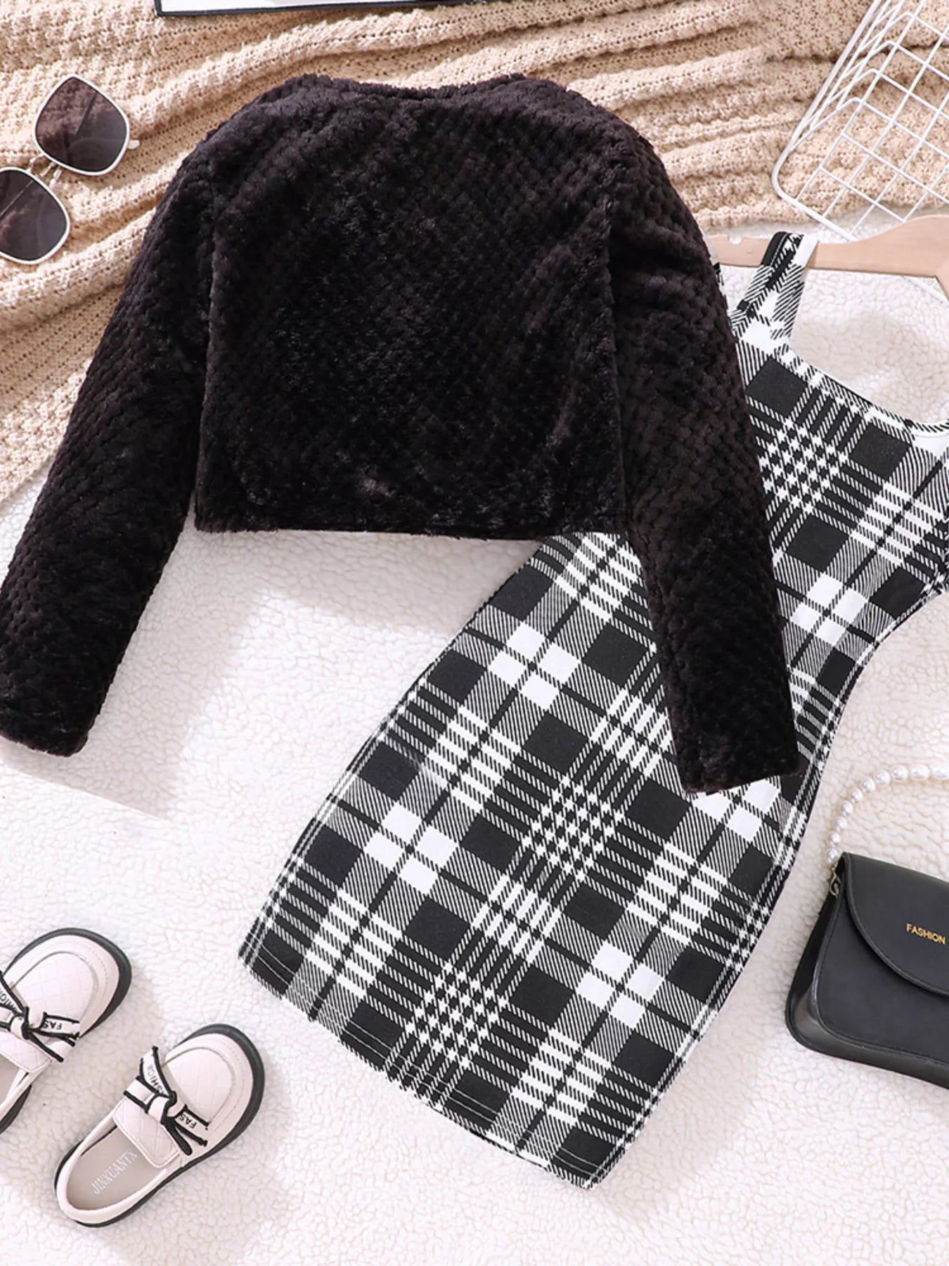 Children's Fuzzy Cardigan & Plaid Dress Set