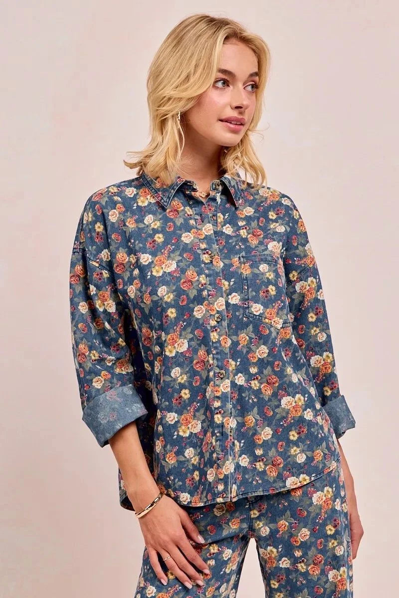 BiBi Washed Floral Print Denim Jacket