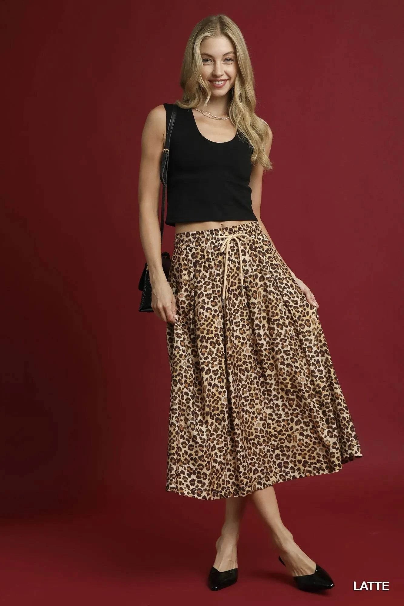 Umgee Drawstring Leopard Midi Skirt