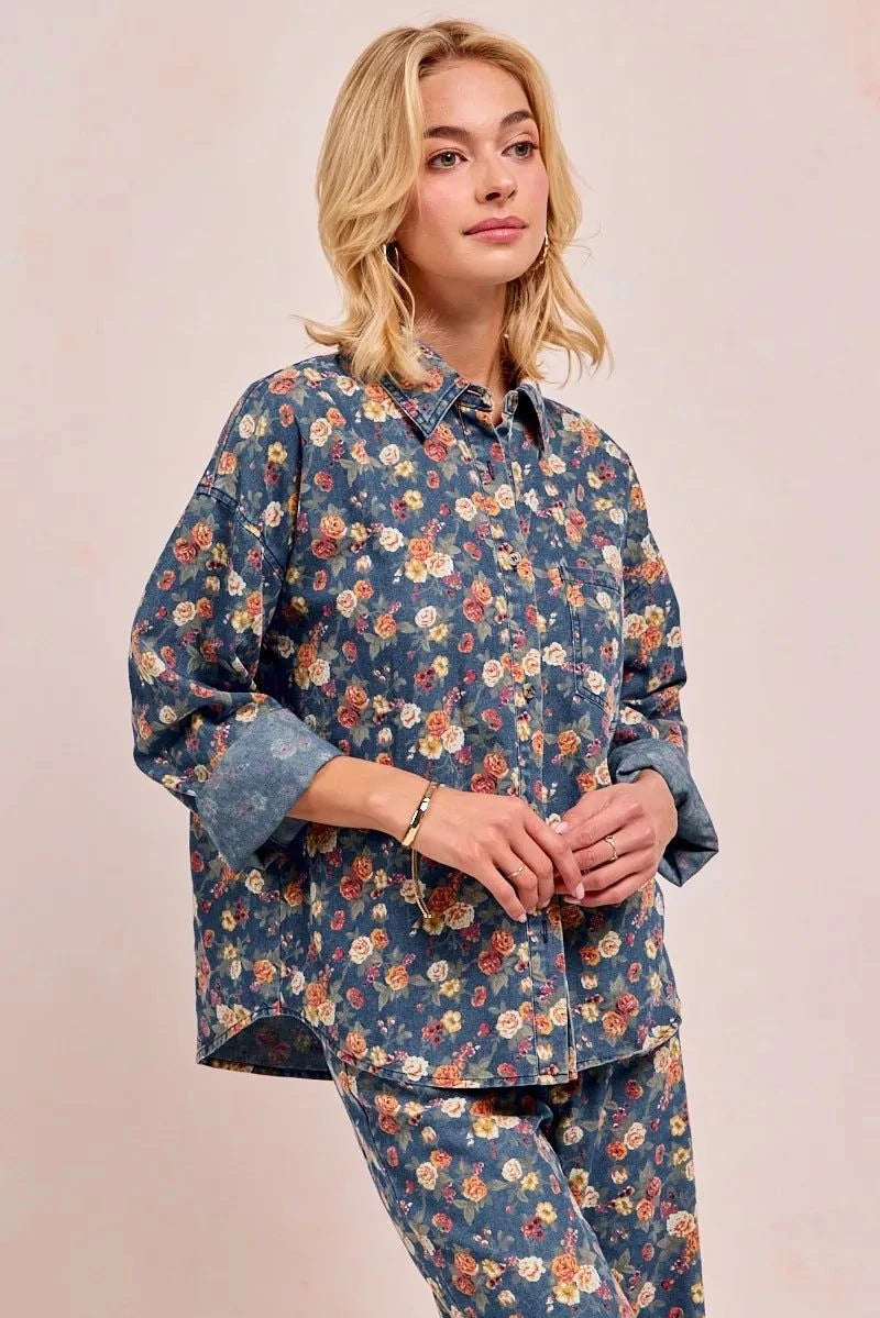 BiBi Washed Floral Print Denim Jacket