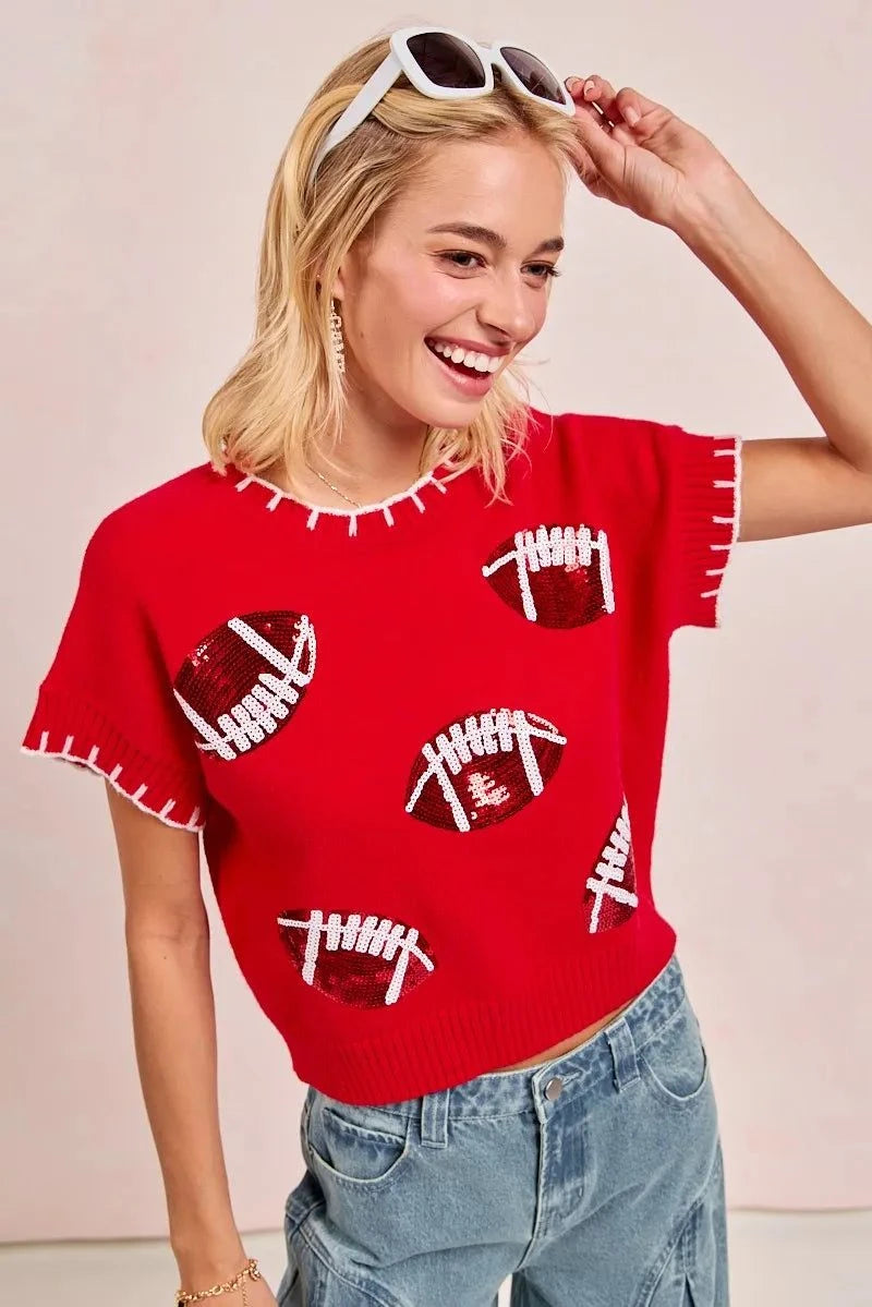 BiBi Gameday Sequin Football Embroidered Stitch Sweater