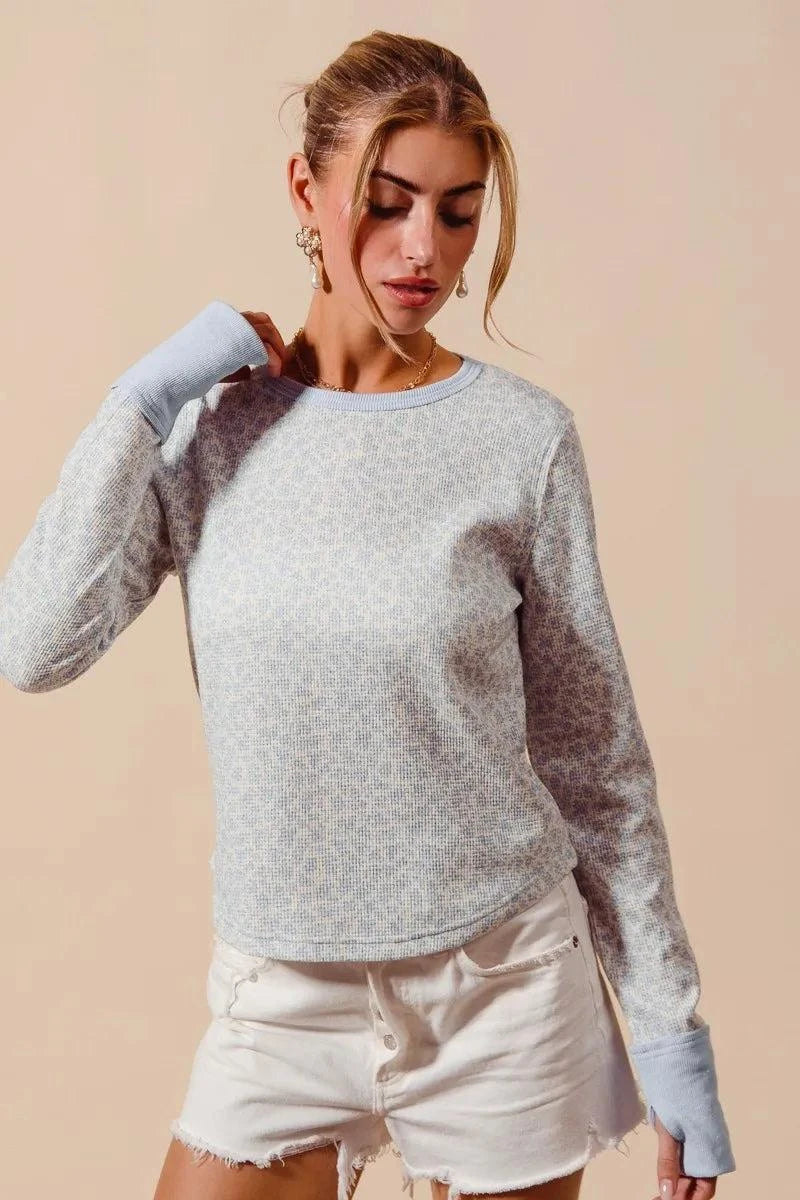 SO ME Textued Floral Knit Top with Contrast Cuffs