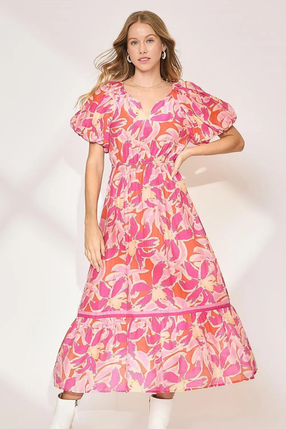 Umgee Floral Notched Puff Sleeve Midi Dress