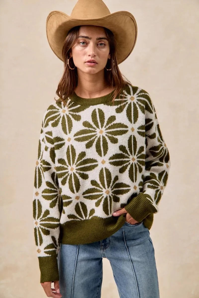 BiBi Flower Pattern Long Sleeve Sweater
