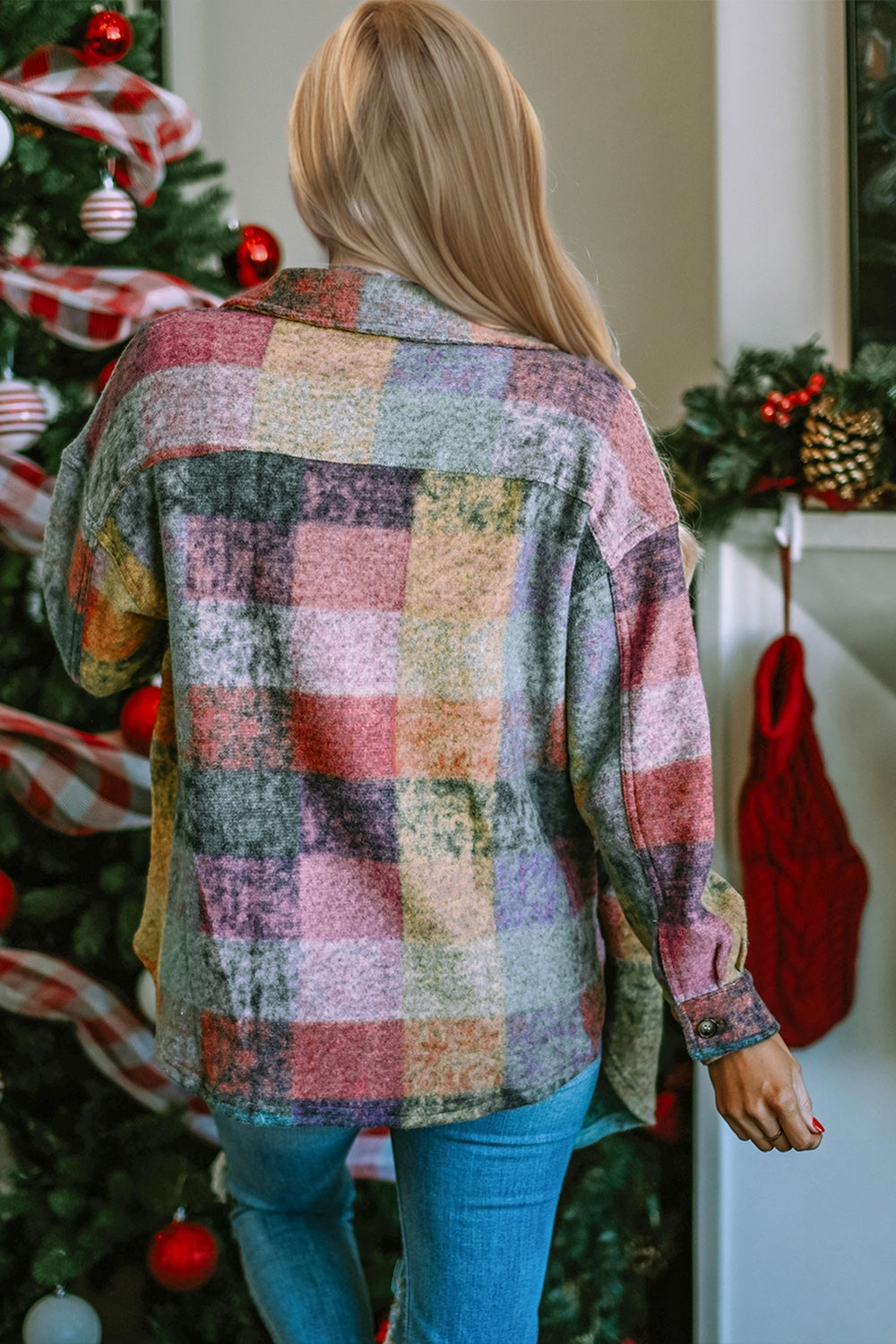 Double Take Full Size Button Up Plaid Fleece Shacket