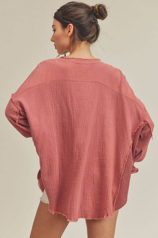 Aemi + Co Exposed Seam Raw Hem Half Button Top