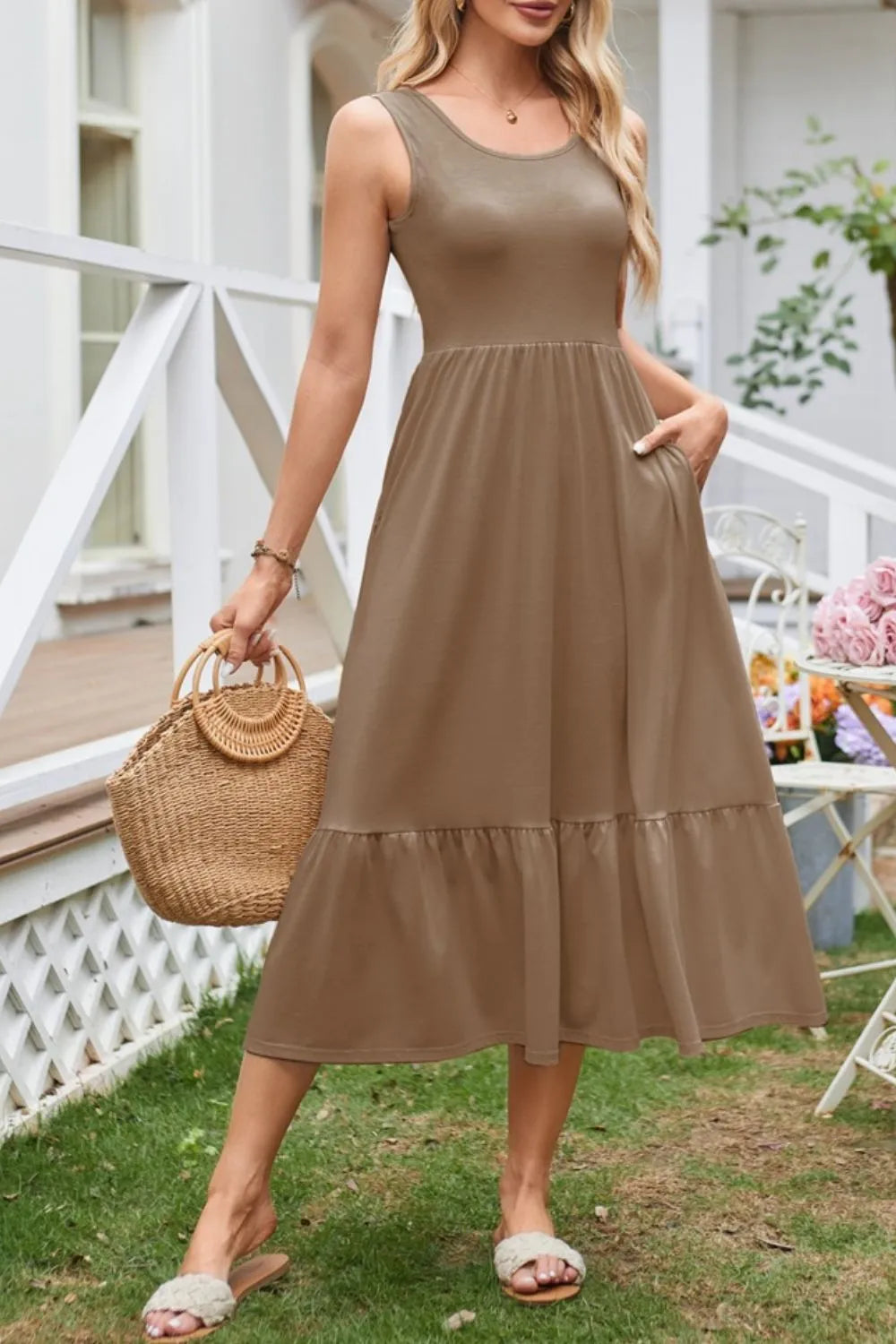 Round Neck Wide Strap Tank Dress