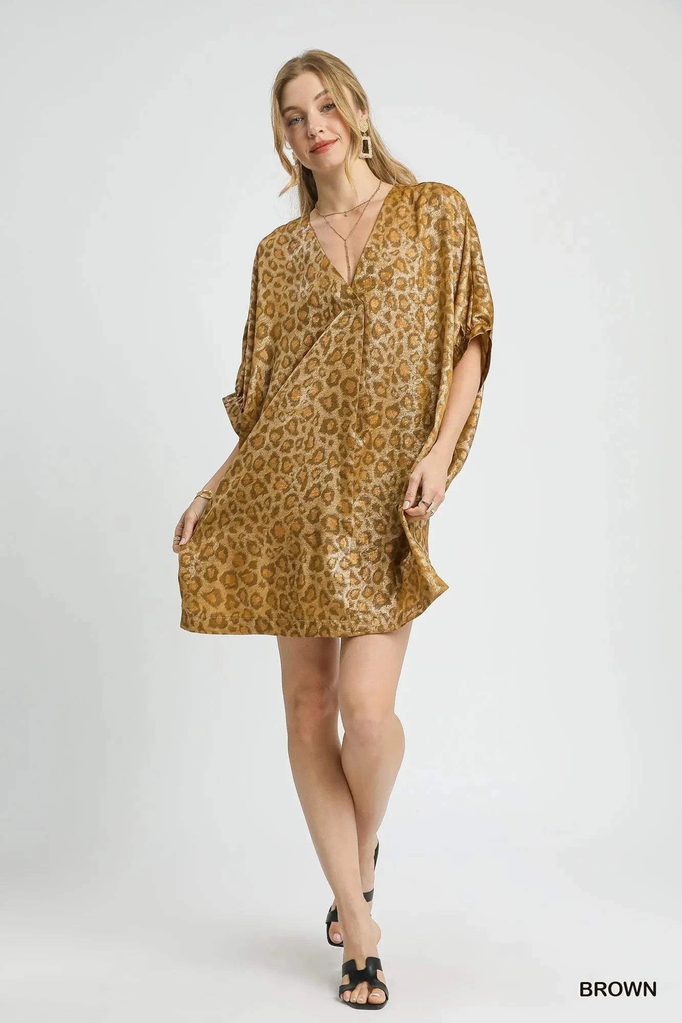Umgee Metallic Leopard Print V-Neck Kimono Dress
