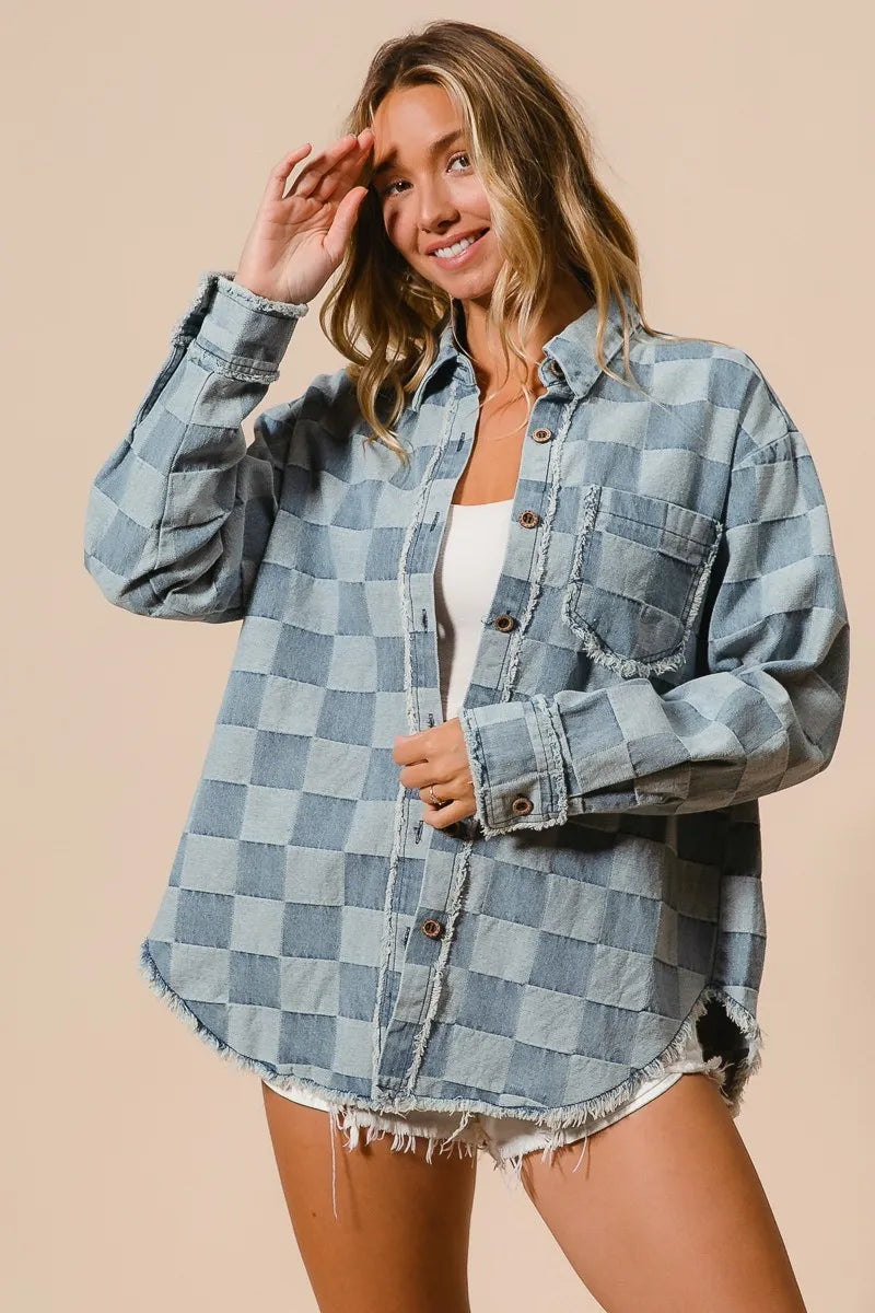 BiBi Frayed Edged Detail Washed Checker Denim Shirt