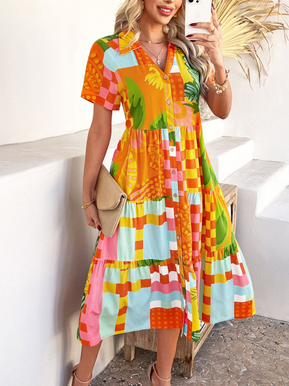 Devine Printed Johnny Collar Button Down Short Sleeve Midi Shirt Dress