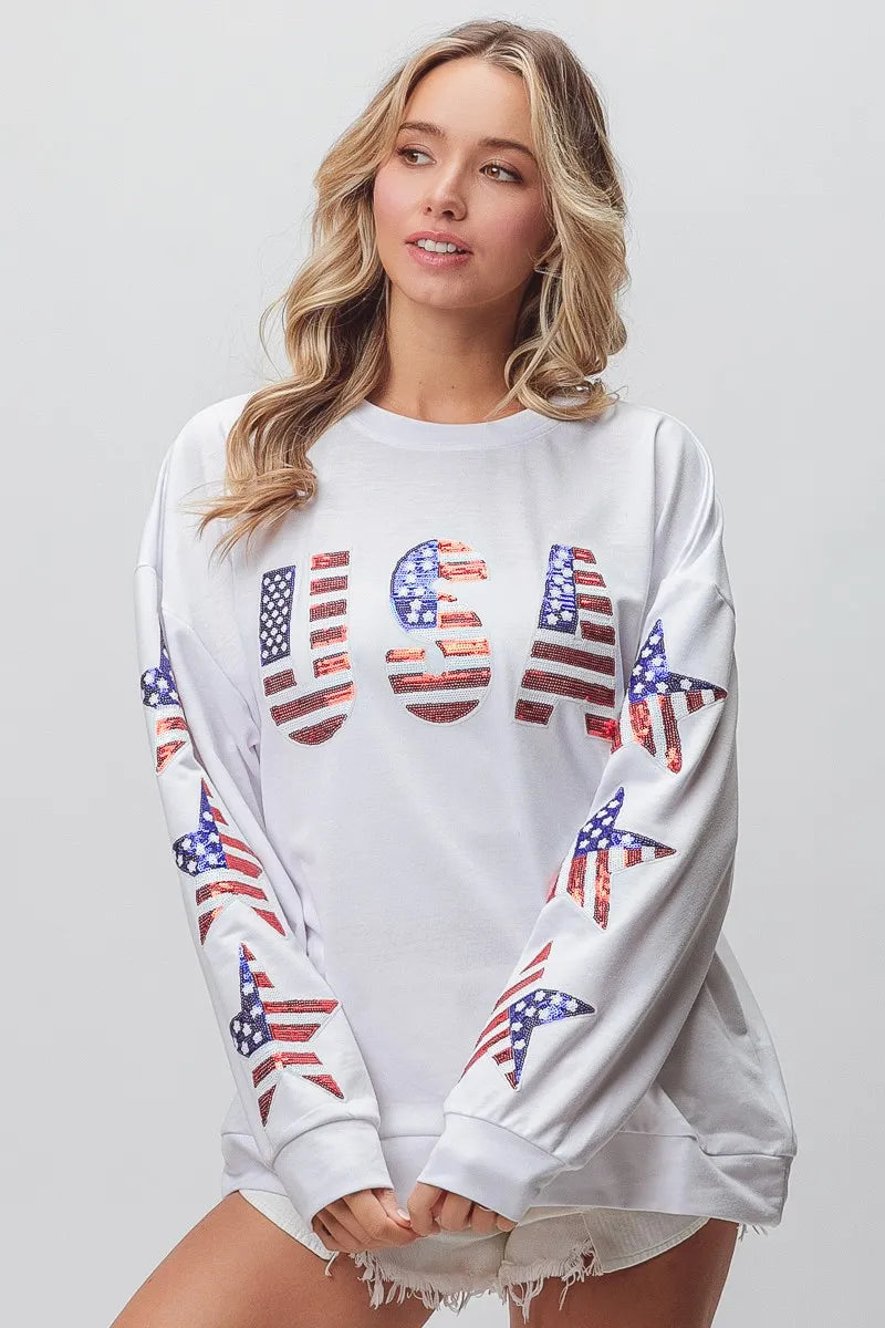 BiBi American Flag USA and Star Sequin Sweatshirt
