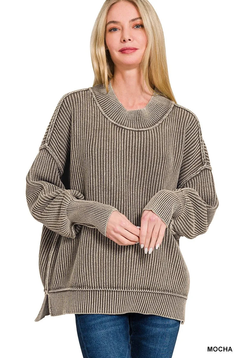Zenana Washed Side Slit Oversized Sweater