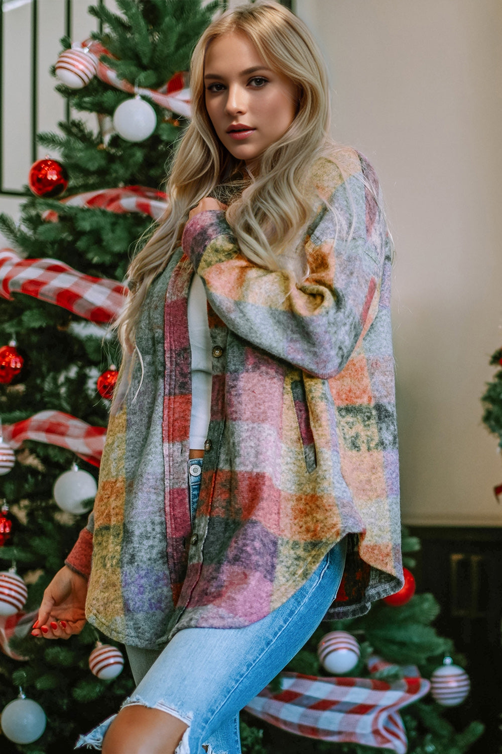 Double Take Full Size Button Up Plaid Fleece Shacket