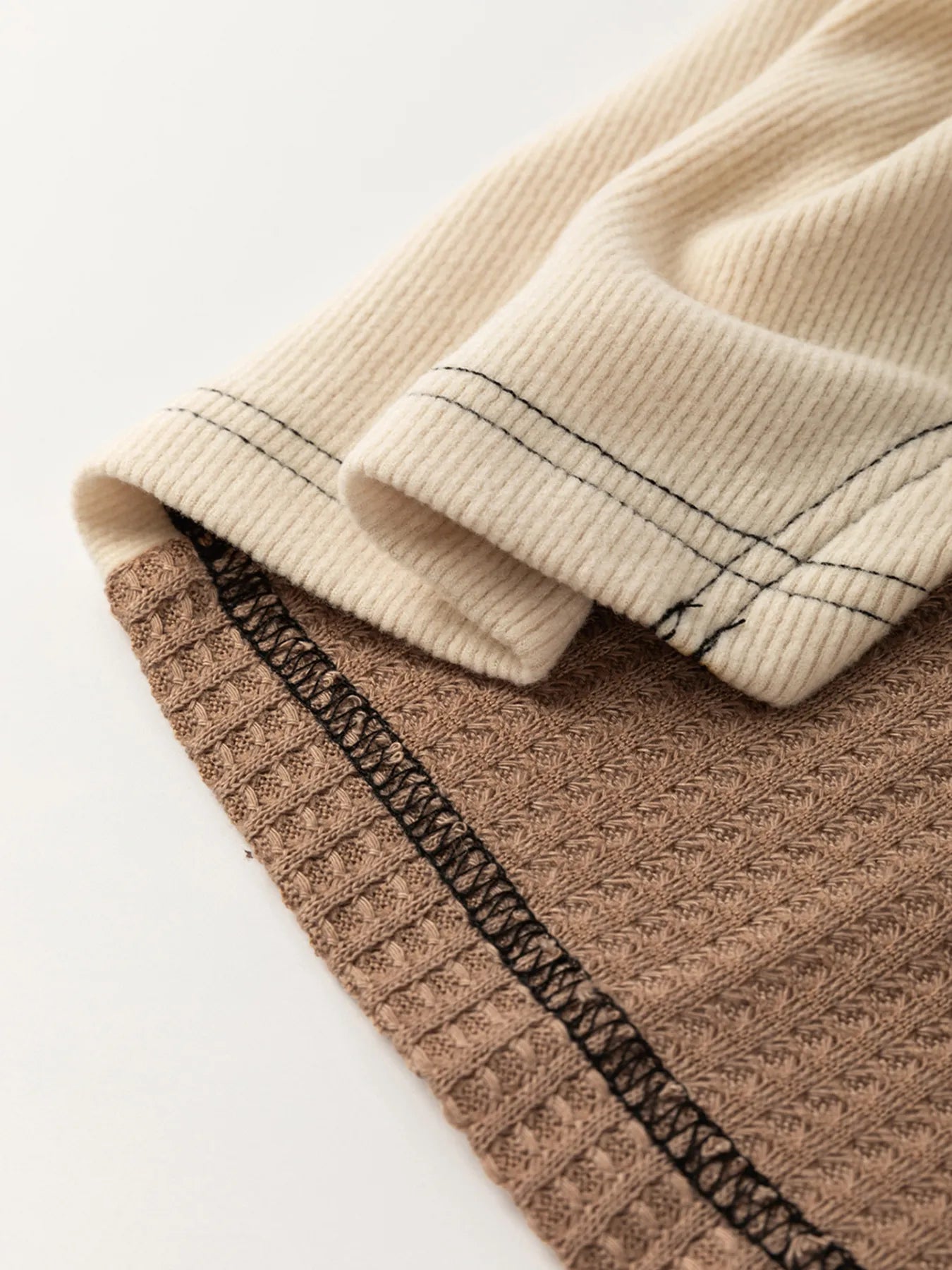 Color Block Waffle Knit Stitch Detail Long Sleeve Top