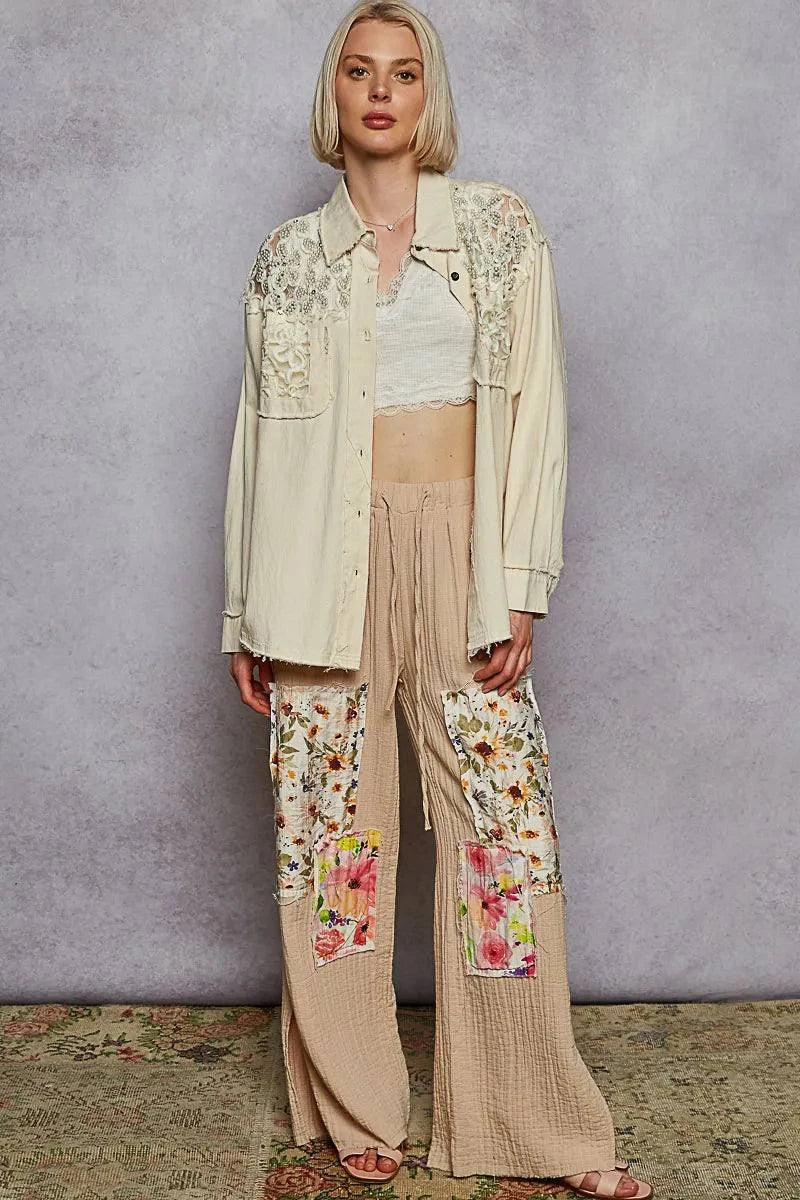 POL Button Down Raw Edg Shirt with Pearl Lace Patch