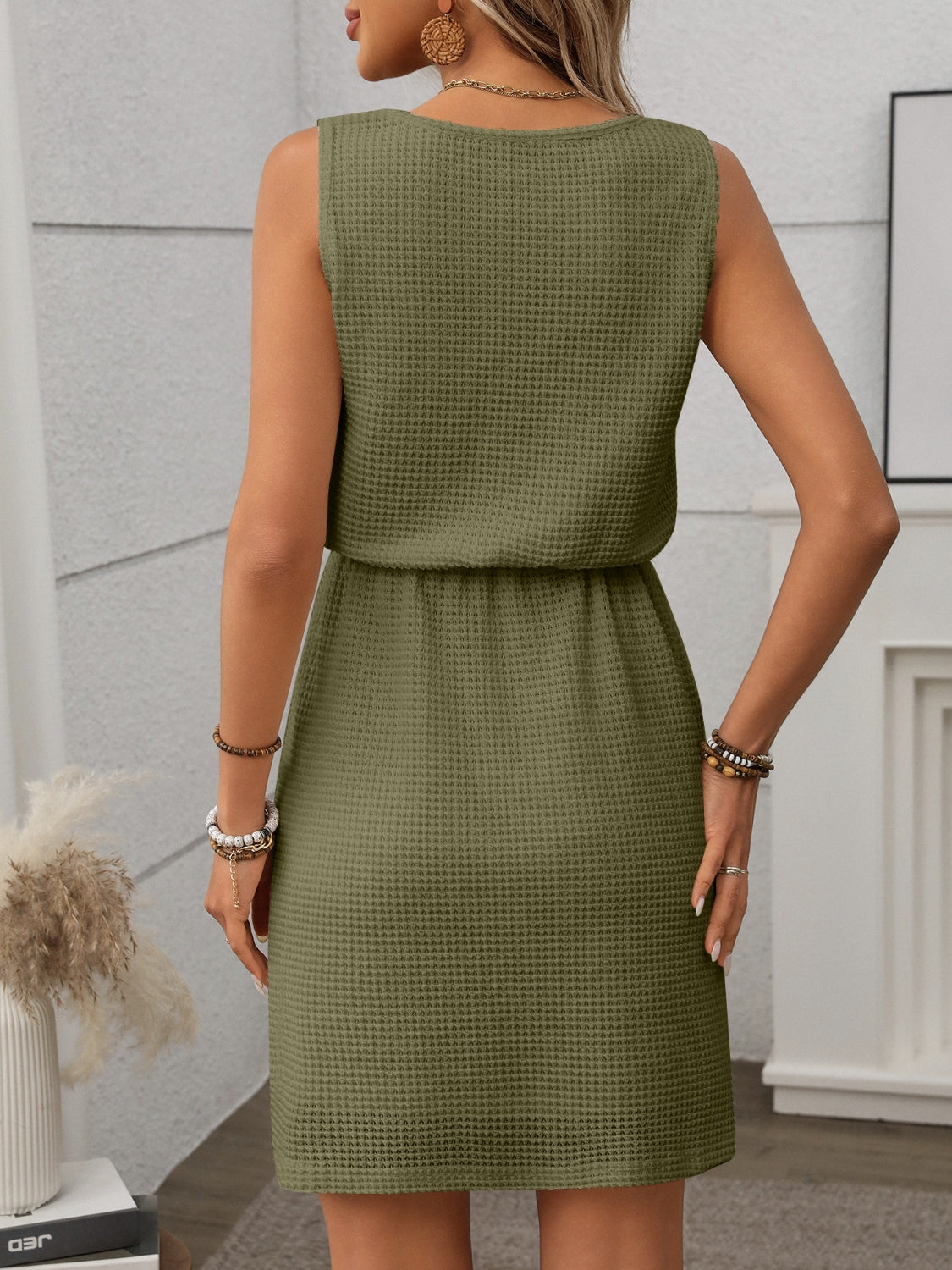 Waffle-Knit Drawstring Mini Tank Dress