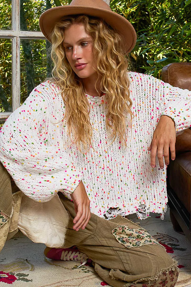 POL Round Neck Fringed Hem Sweater