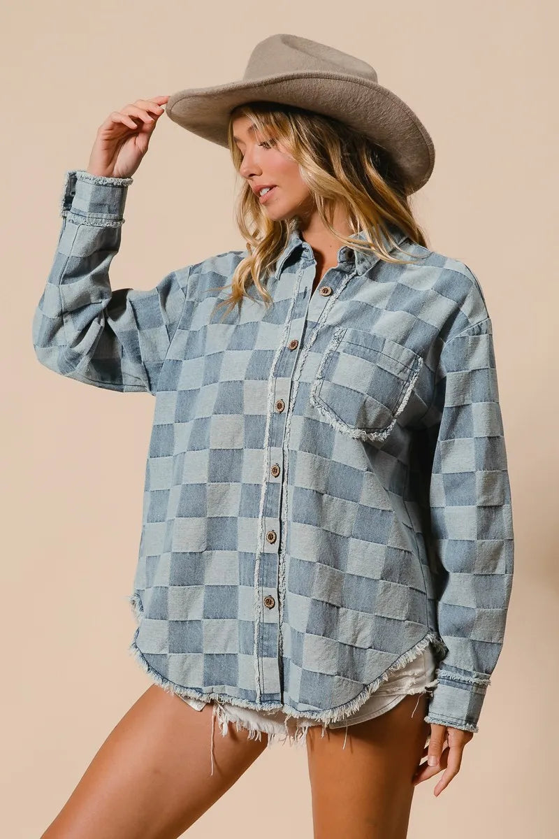 BiBi Frayed Edged Detail Washed Checker Denim Shirt